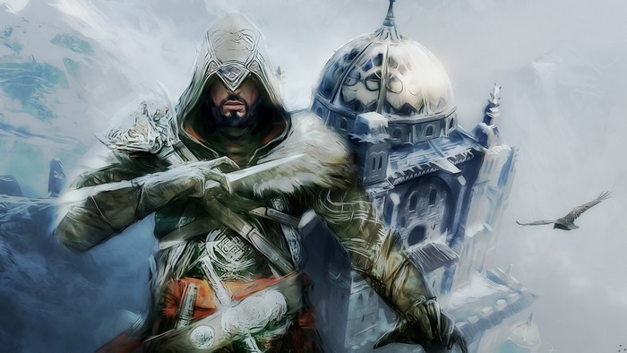 Ezio Auditore da Firenze from Assassin's Creed in snowy mountains