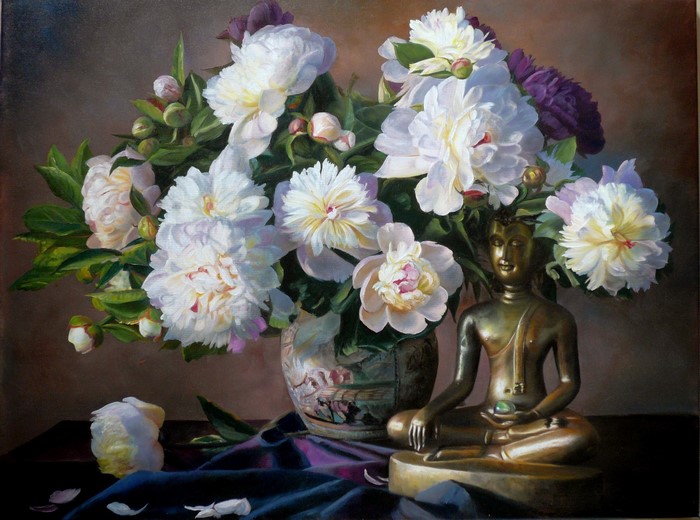 Still life painting of peonies and Buddha statue by Zbigniew Kopania