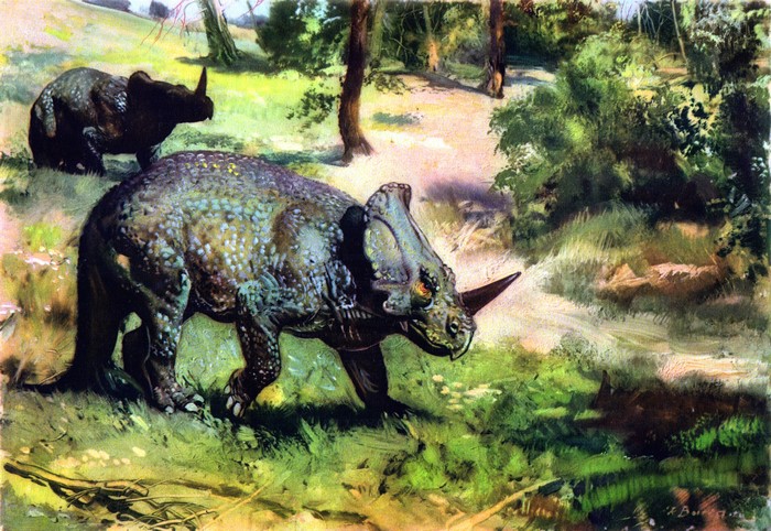 Two dinosaurs in a prehistoric forest