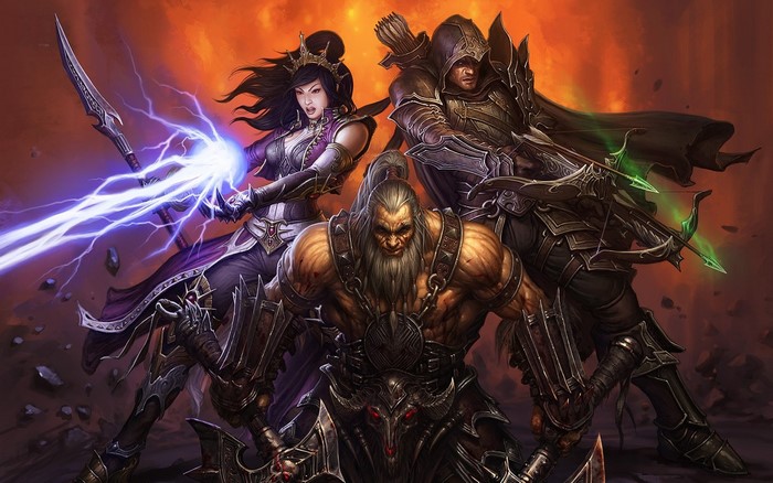 Diablo III characters: Sorceress, Barbarian, and Demon Hunter