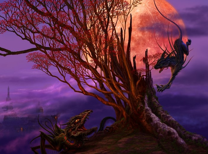 Two dragons fighting near a large tree and a red moon