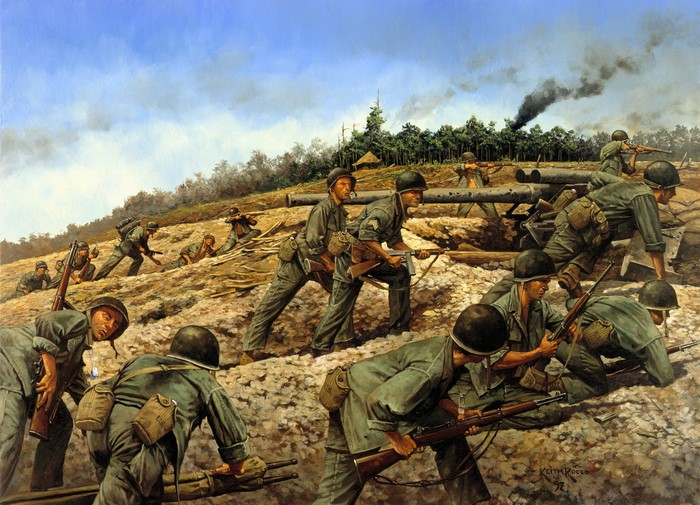 Soldiers in combat on a hillside