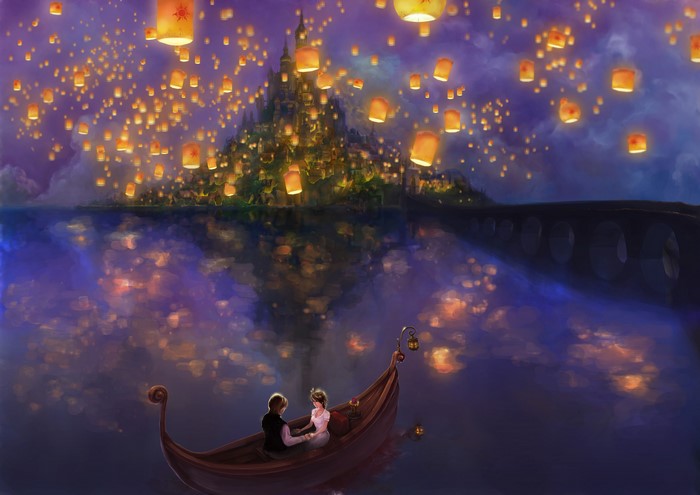Rapunzel and Flynn Rider in a boat during the lantern festival from Tangled