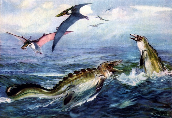 Mosasaurus and Pterosaurs in the Ocean