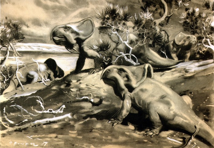 Prehistoric scene with dinosaurs and vegetation