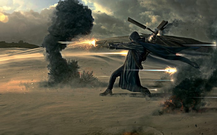 Man in black coat firing gun in desert battle