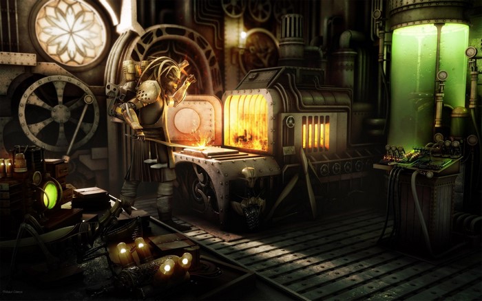 Steampunk blacksmith working in a workshop