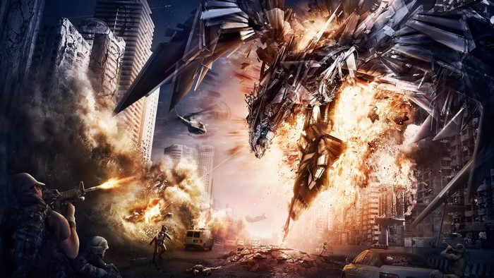 Giant Robot Battle in Destroyed City