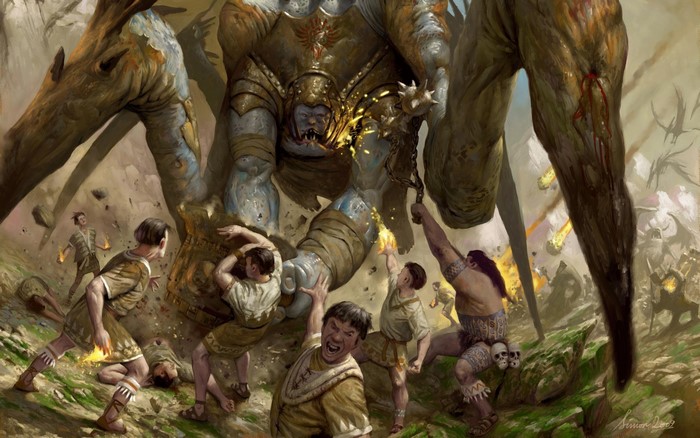 Giant armored monster attacks small humans