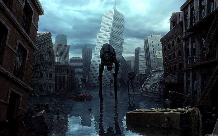 Alien tripods in a flooded, destroyed city