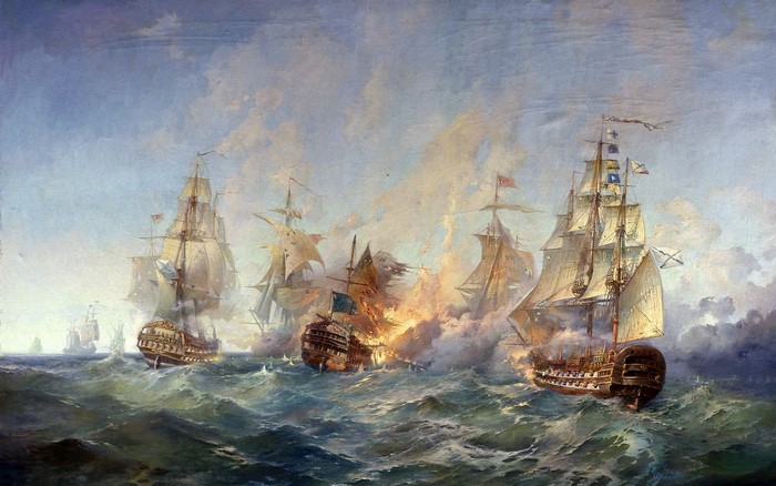Naval battle with burning ships