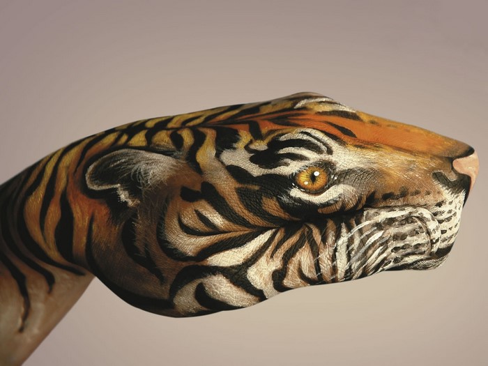 Tiger painted on a hand