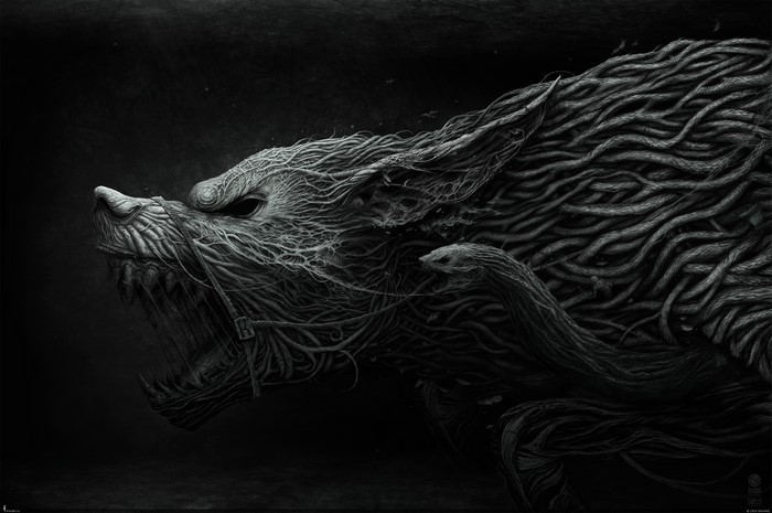Monstrous wolf made of roots and vines