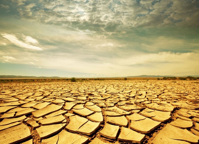 Cracked earth desert landscape under cloudy sky