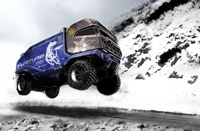 KAMAZ 42 truck in mid-air jump
