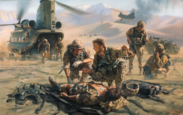 Soldiers providing medical aid during a landing operation