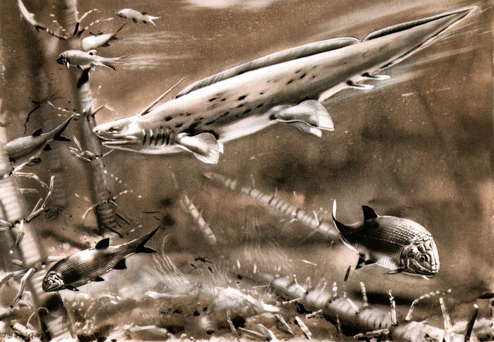 Ancient underwater scene with prehistoric fish