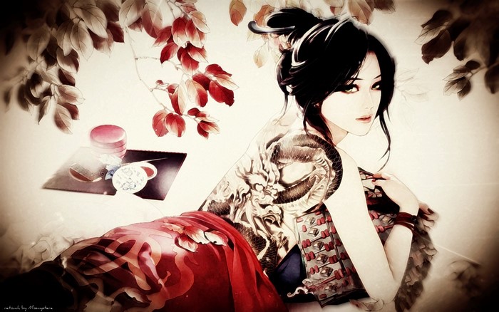 Woman with dragon tattoo and red kimono