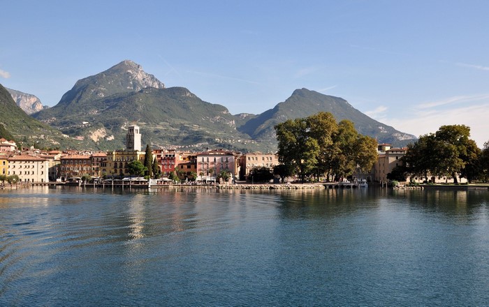 Lake Garda town with mountains in Italy