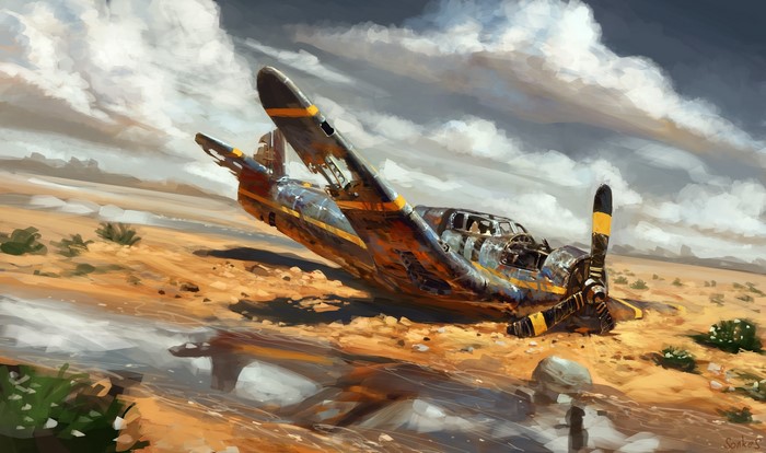 Wrecked airplane in a desert landscape painting