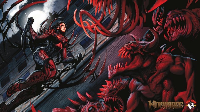 Witchblade fighting monsters on a city rooftop at night
