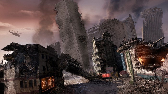MotorStorm post-apocalyptic city with helicopter