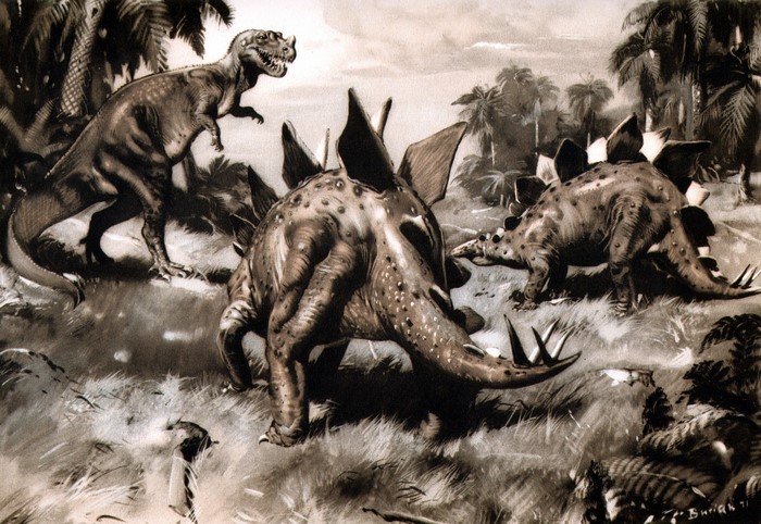 Tyrannosaurus Rex and Stegosaurus dinosaurs in prehistoric landscape