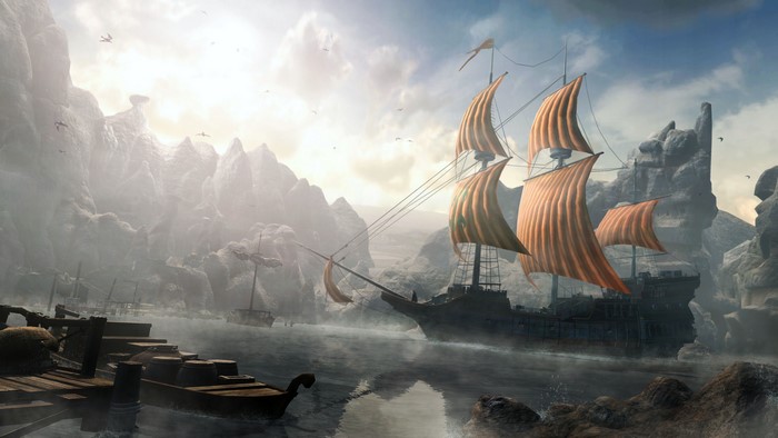 Ships in a foggy harbor with rocky mountains
