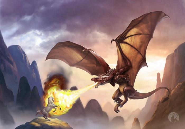 Dragon breathing fire at a horse in mountains