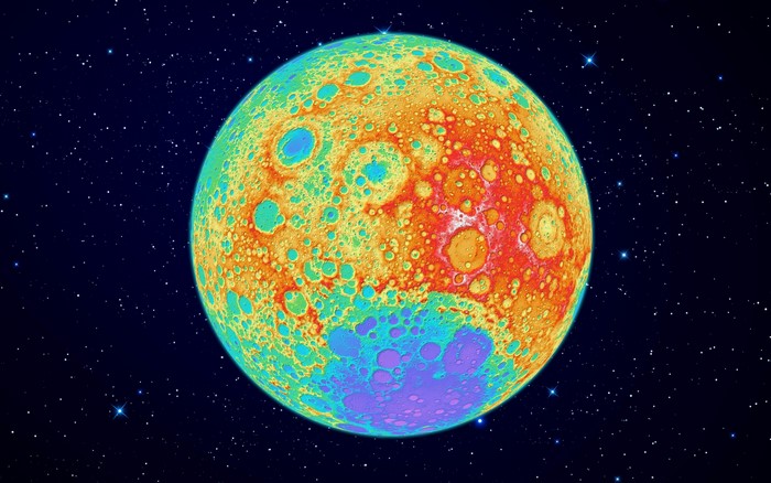 A colorful, cratered planet in space