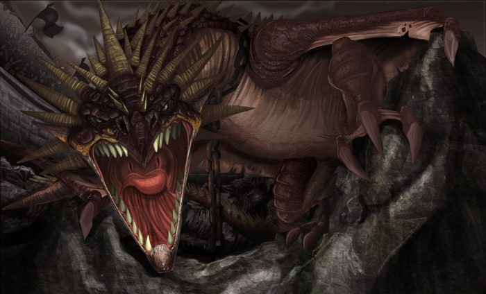 A fearsome dragon with sharp teeth and horns