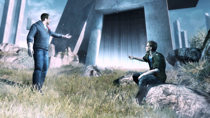 Two men in a futuristic landscape