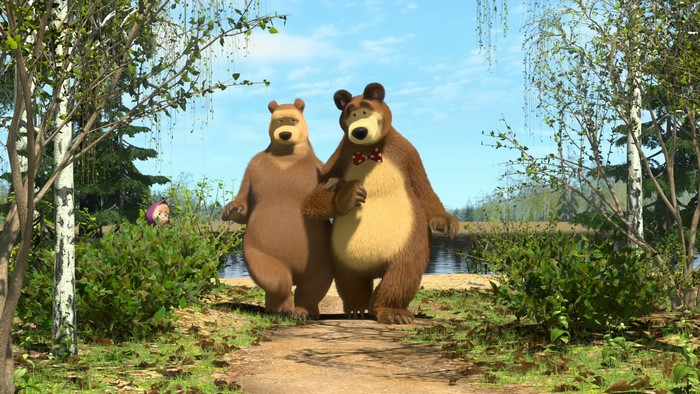 Masha and the Bear walking by a lake