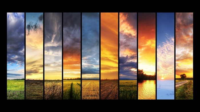 Collage of landscapes and skies at different times of day and seasons