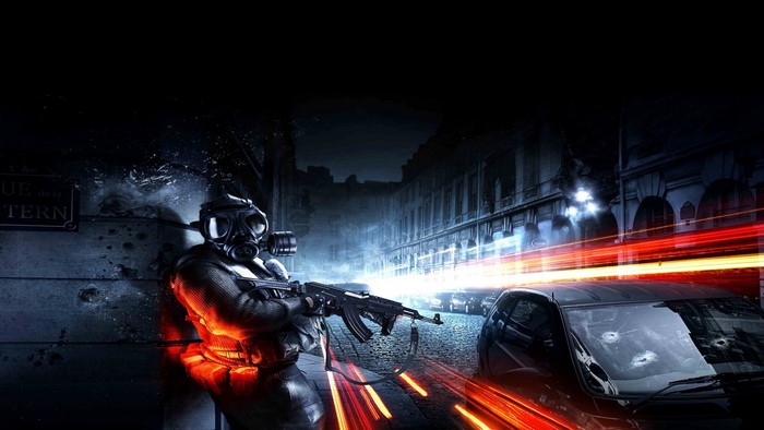 Soldier with gas mask and assault rifle in Battlefield