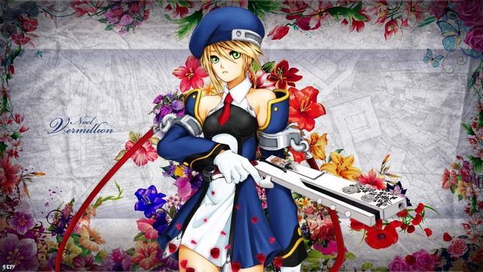 Noel Vermillion from BlazBlue holding a gun