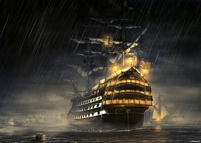 Painting of a sailing ship in a storm