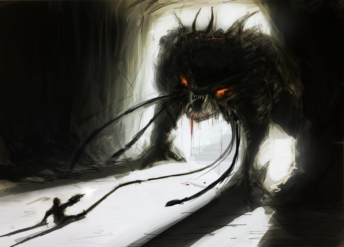 A monstrous creature with glowing eyes confronts a small figure