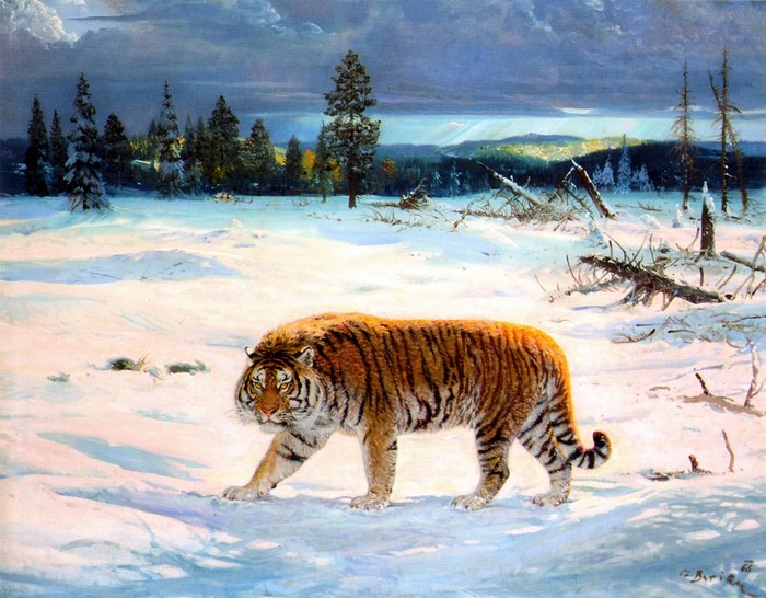 Tiger walking in a snowy forest landscape painting