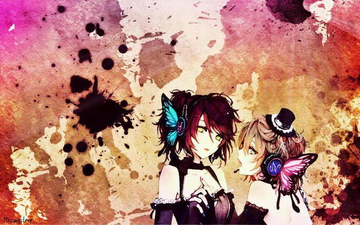 Two anime girls with butterfly headphones