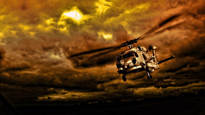 Helicopter flying through stormy clouds