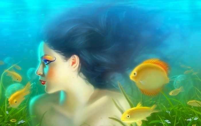 Mermaid underwater with fish and plants