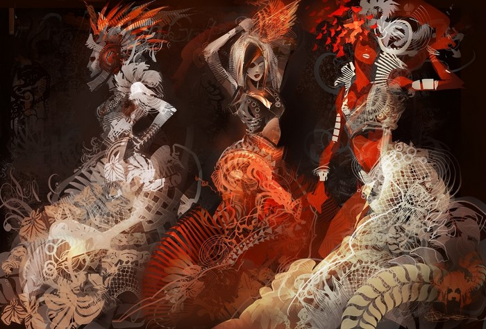 Three stylized female figures in elaborate costumes