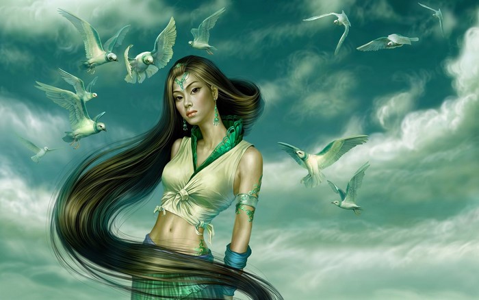 Woman with long hair and birds in the sky