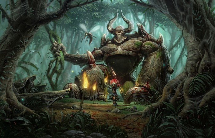 Diablo II: A giant tree monster and a small warrior in a forest