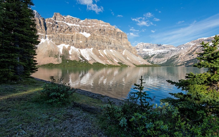 Mountain lake with pine trees and rocky slopes