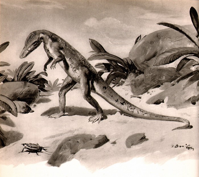 Dinosaur and insect in prehistoric landscape
