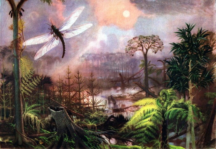 Giant dragonfly over prehistoric swamp landscape