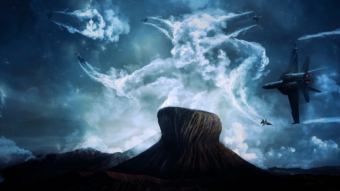 Fighter jets flying over a volcano