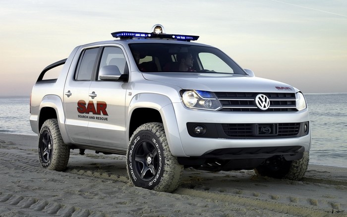 Silver Volkswagen Amarok Search and Rescue vehicle on beach